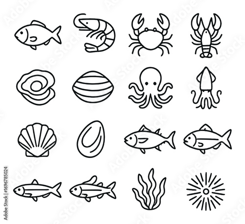 Seafood icon set featuring fish, shellfish, and sea creatures in simple black outlines