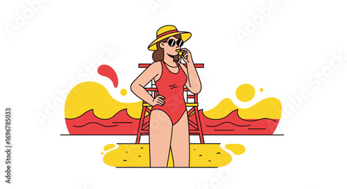 Lifeguard Observing The Sea Amidst The Waves And Sandy Beach For Summer Season