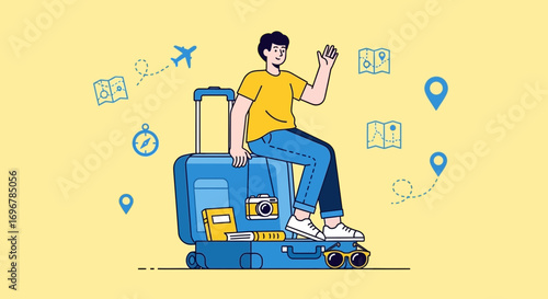 Optimistic Traveler Ready For Adventure Sitting Atop His Travel Luggage Destination