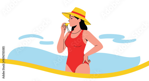 Lifeguard Ready, Yellow Hat, Whistle, Red Swimsuit, Summer Beach Illustration