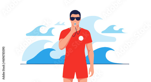 Lifeguard Signaling Through Whistle With Ocean Waves In Background During Daylight