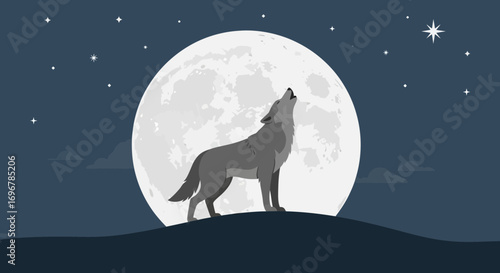 Lone Wolf Howling at the Moon Under a Starry Night Sky Illustration
