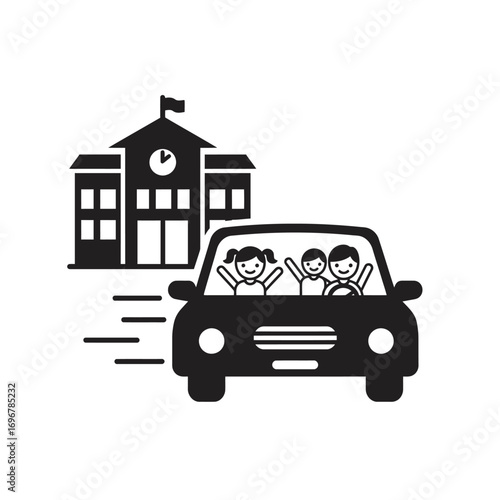 Silhouette of children in car leaving school building on a white background. EPS 10.