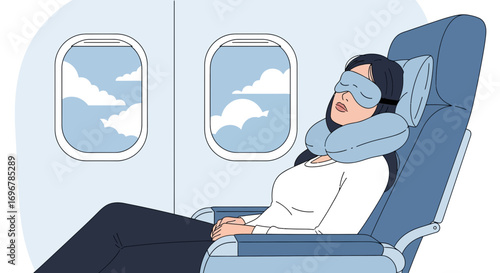 Passenger Relaxing During Flight, Using Neck Support And Eye Mask For Comfort