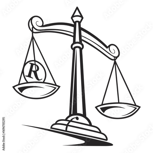 Registered Trademark Symbol R on Scales of Justice Black and White Vector r symbol legal