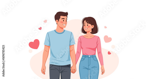 Loving Couple Walking Together Holding Hands Amidst Floating Hearts, Displaying Affection