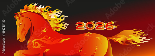 Fiery Horse – Chinese Zodiac Vector Illustration. Vector illustration of a fiery horse with flaming mane and tail, inspired by the Chinese zodiac Year of the Horse.