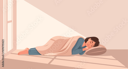 Peaceful Bedroom Illustration Depicting a Woman Sleeping Comfortably During A Sunny Day