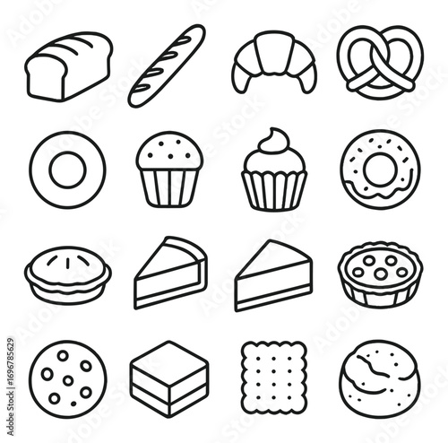 Variety of bakery icon set featuring bread, pastries, and sweets in black outline