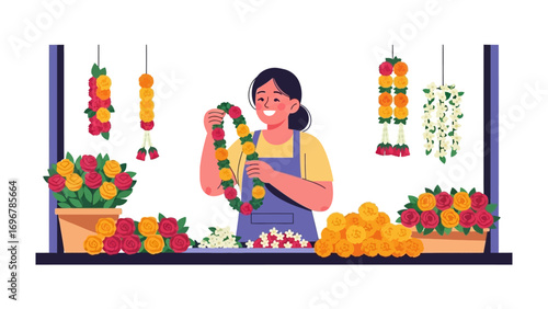 Artisan Florist Crafting Garland: A skilled artisan florist, radiating with happiness, meticulously crafts a vibrant garland adorned with colorful blooms.