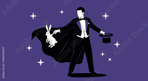 Magician And Rabbit Performing Magic Tricks Against A Purple Background For Entertainment Purposes