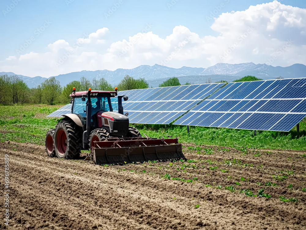 Obraz premium Tractor plowing field with solar panels in the background, showcasing modern agricultural practices and sustainable energy solutions in rural landscape