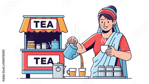 Tea Vendor's Grace: An artistic illustration captures a tea vendor, clad in vibrant attire, meticulously pouring tea from a pot into cups. This image embodies the essence of warmth and tradition. 