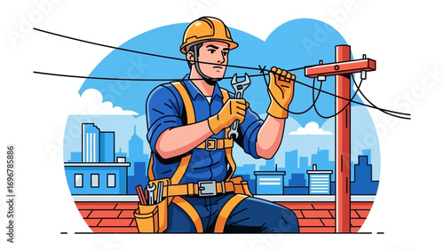 The Lineworker: A skilled lineworker performs his duty on a utility pole, amidst a backdrop of the cityscape.