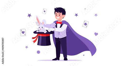 Magician Delivering Magic from a Hat with a Rabbit, Smiling, and Playing Cards