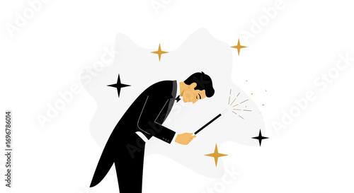 Magician Performing A Magical Trick With His Wand With Sparkling Effects and Stars