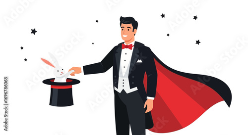 Magician Performing A Remarkable Illusion With A Rabbit And A Magic Top Hat Presentation