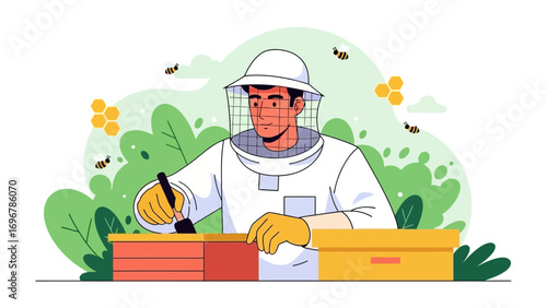The Beekeeper's Art: An illustration showcasing a beekeeper in protective gear tending to a hive, surrounded by the buzzing of bees, in a depiction of the art and science of apiculture.