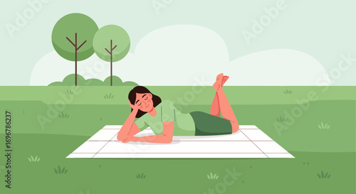 Peaceful Moment In Nature, Woman Relaxing On A Picnic Blanket Enjoying Nature's Serenity