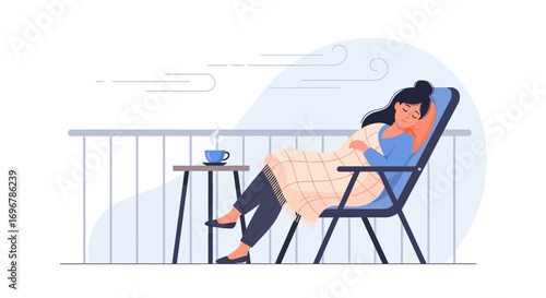 Peaceful Moment: A Woman Relaxing on Balcony, Wrapped in a Cozy Blanket