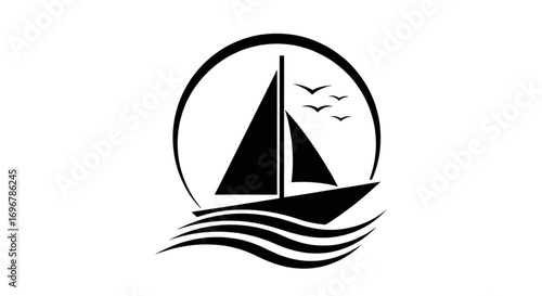 Black and white minimalist sailboat silhouette on wavy ocean water with flying birds in a circular frame. Vector art.