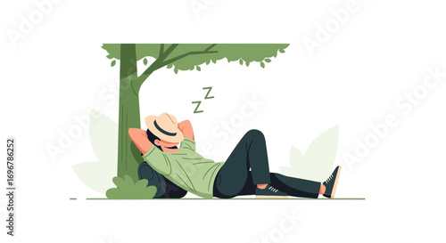 Peaceful Nap Under a Tree: A Digital Illustration Depicting Serene Relaxation Moments
