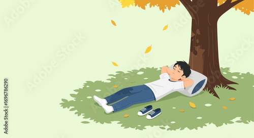 Peaceful Nap Underneath A Tree: Serene Moment Depicted In A Cute Illustration