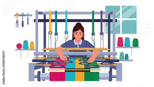 Artisan's Craft: A skilled artisan intently focused on a loom, bringing the vibrant colors of artistry to life in this beautiful artistic illustration.