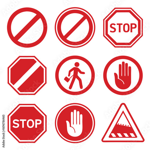 Set of Red and White Prohibition, Stop, and Warning Signs on White no entry hand