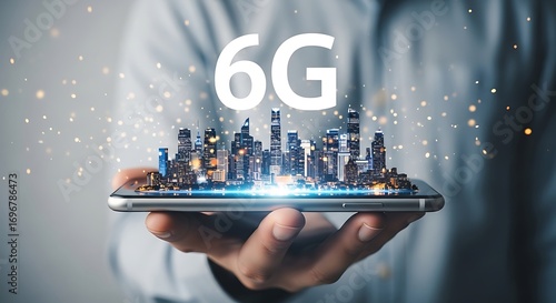 Hand holding a smartphone displaying a futuristic city with 6g technology