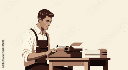Man At Typewriter Crafting Prose, Representing Literary Activities, Creation and Authoring