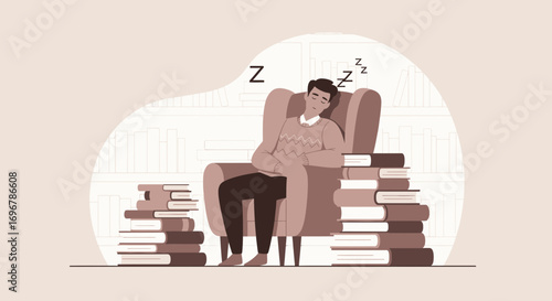 Man Asleep in a comfortable armchair overwhelmed by literature Illustration