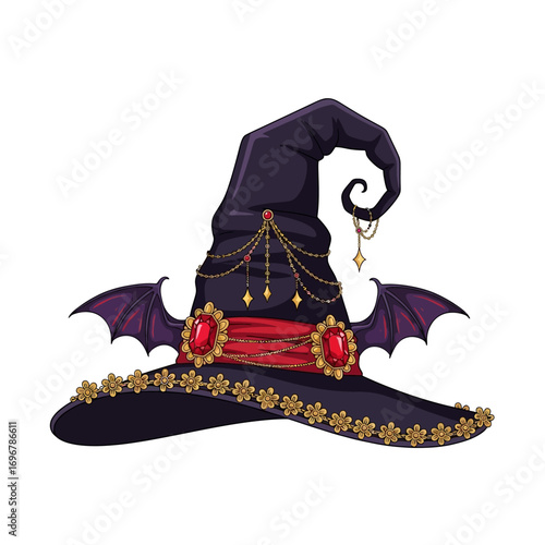Spooky vampire witch hat with bat wings and ornate decorations for halloween celebrations vector