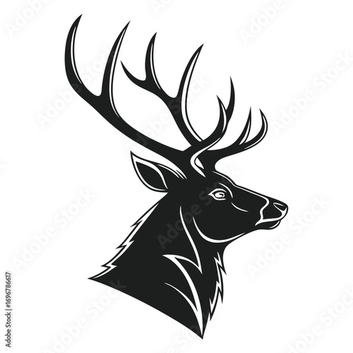 Side Profile of a Black Deer Head with Detailed Antlers on White stag silhouette