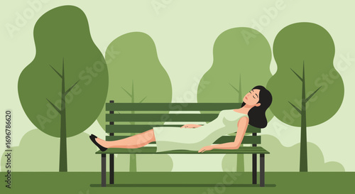 Peaceful Woman Relaxing Beautifully On Park Bench, Enjoying Serene Moments of Leisure and Calm