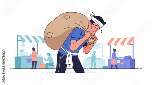 The Burden of Labor: A laborer burdened by a heavy sack trudges through a bustling marketplace, depicting the weight of labor and the struggles of daily life. 