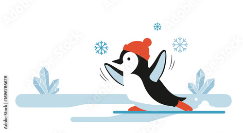 Penguin Skates Joyfully in Winter Wonderland with Falling Snow and Winter Crystals