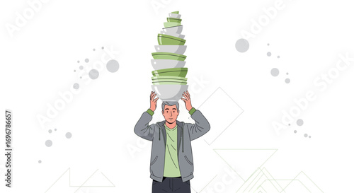Man Balancing Stack Of Bowls Suggests The Challenges And Labor Of Modern Life