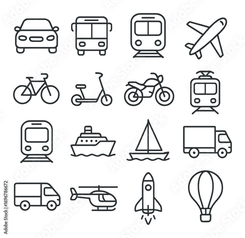 Collection of minimalist transportation icons: car, bus, train, plane, bicycle, scooter