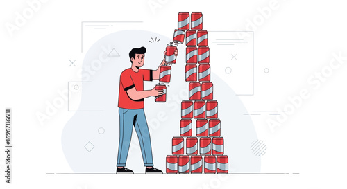 Man Carefully Building A Tower Of Canned Beverages In A Light And Playful Illustration