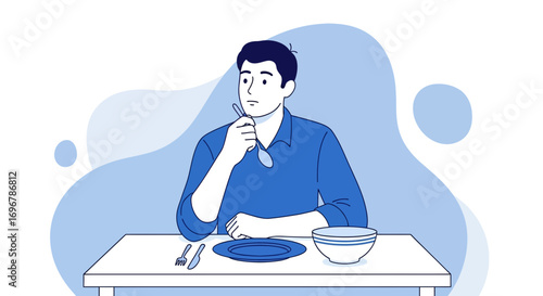Man Contemplating Meal At Table Ready To Eat Thinking About Food Choices