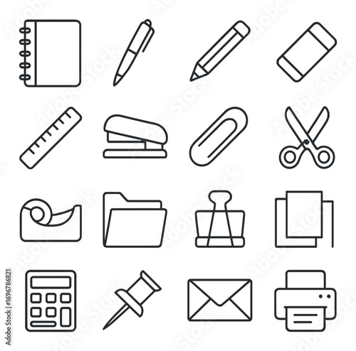 Set of office supply icons including notebook, pen, scissors, calculator, printer