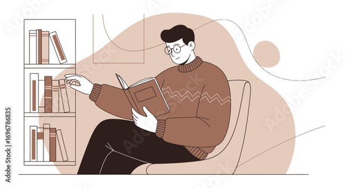 Man Comfortably Reading A Book From A Library While Surrounded By Books and Relaxation