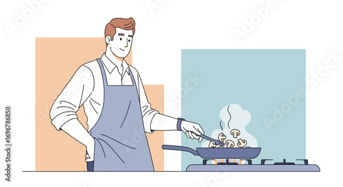 Man Cooking Mushrooms in a Frying Pan on the Stove with Kitchen Apron on
