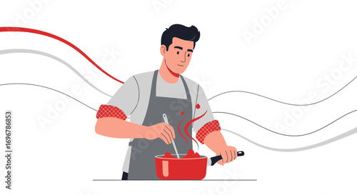 Man Cooking Delicious Meal In The Kitchen In Vector Illustration Style Now Ready