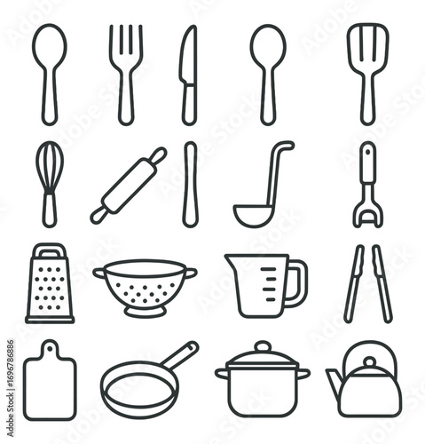 Collection of kitchen utensil icons on gray background for cooking enthusiasts