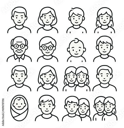 Diverse family portraits featuring various ages and genders in simple line art style