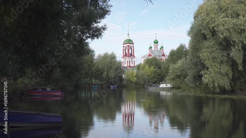 View of Church of the Forty Martyrs of Sebaste reflecting in Trubezh river in Pereslavl-Zalessky, Yaroslavskaya oblast, Russia