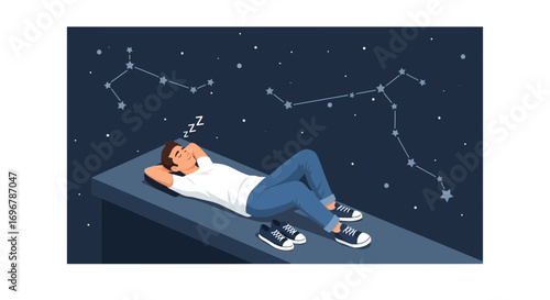 Man Dreaming Under The Stars, Looking Up At Constellations In A Relaxing State Of Mind