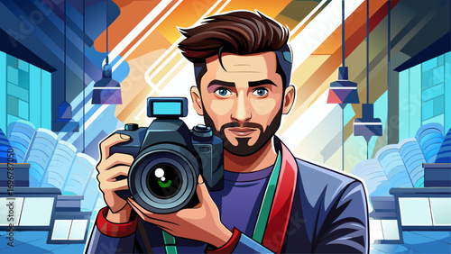 Close-up portrait of a male photographer holding a professional camera in a bright studio, wearing casual attire, soft lighting highlighting his focused expression, modern backdrop suggesting creativi